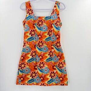 Sideout Vintage Y2K Floral Mini Dress Orange Cotton Tropical Sleeveless Size 7